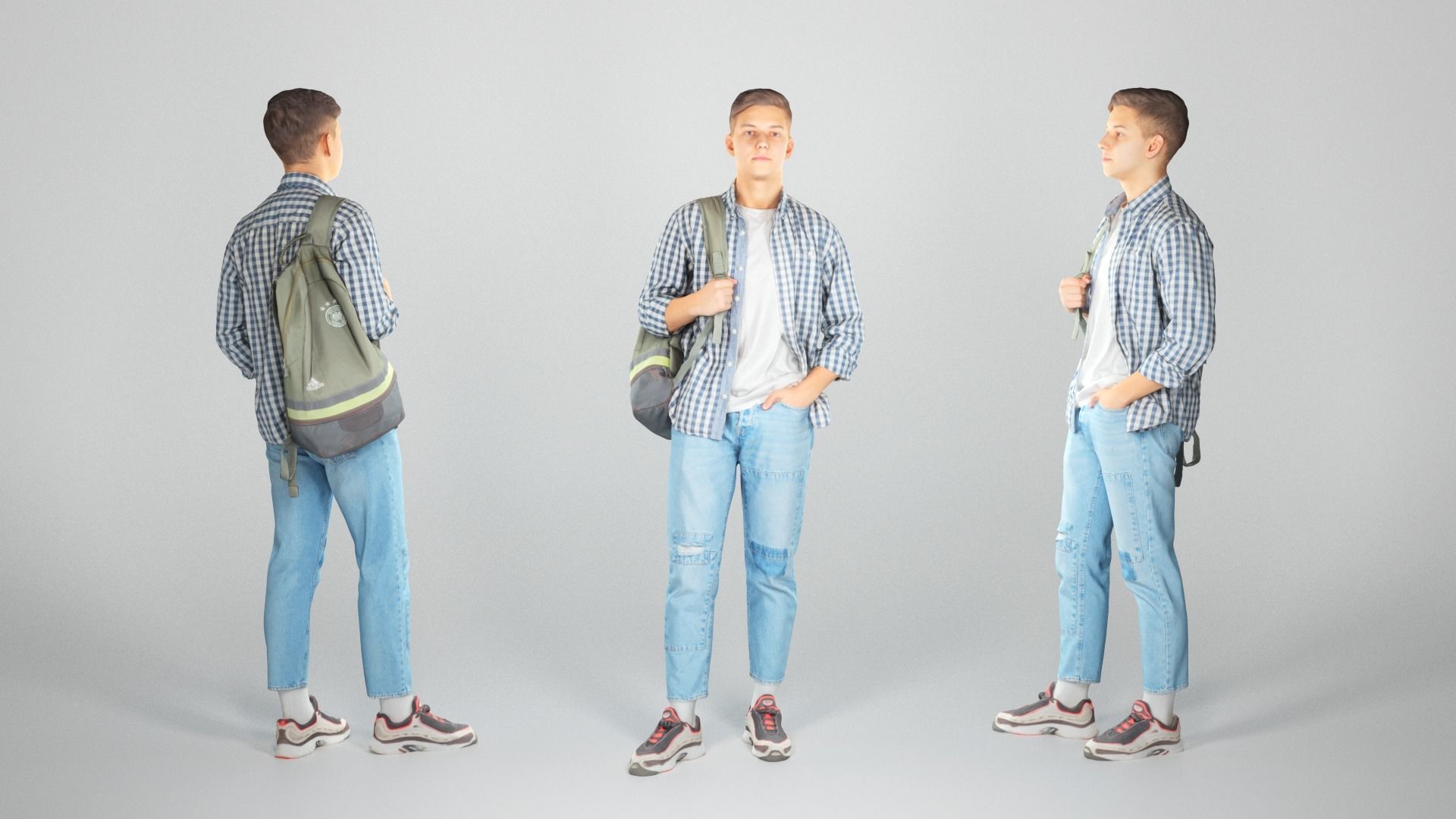 Handsome man in a plaid shirt with a backpack 46 Low-poly 3D model_2