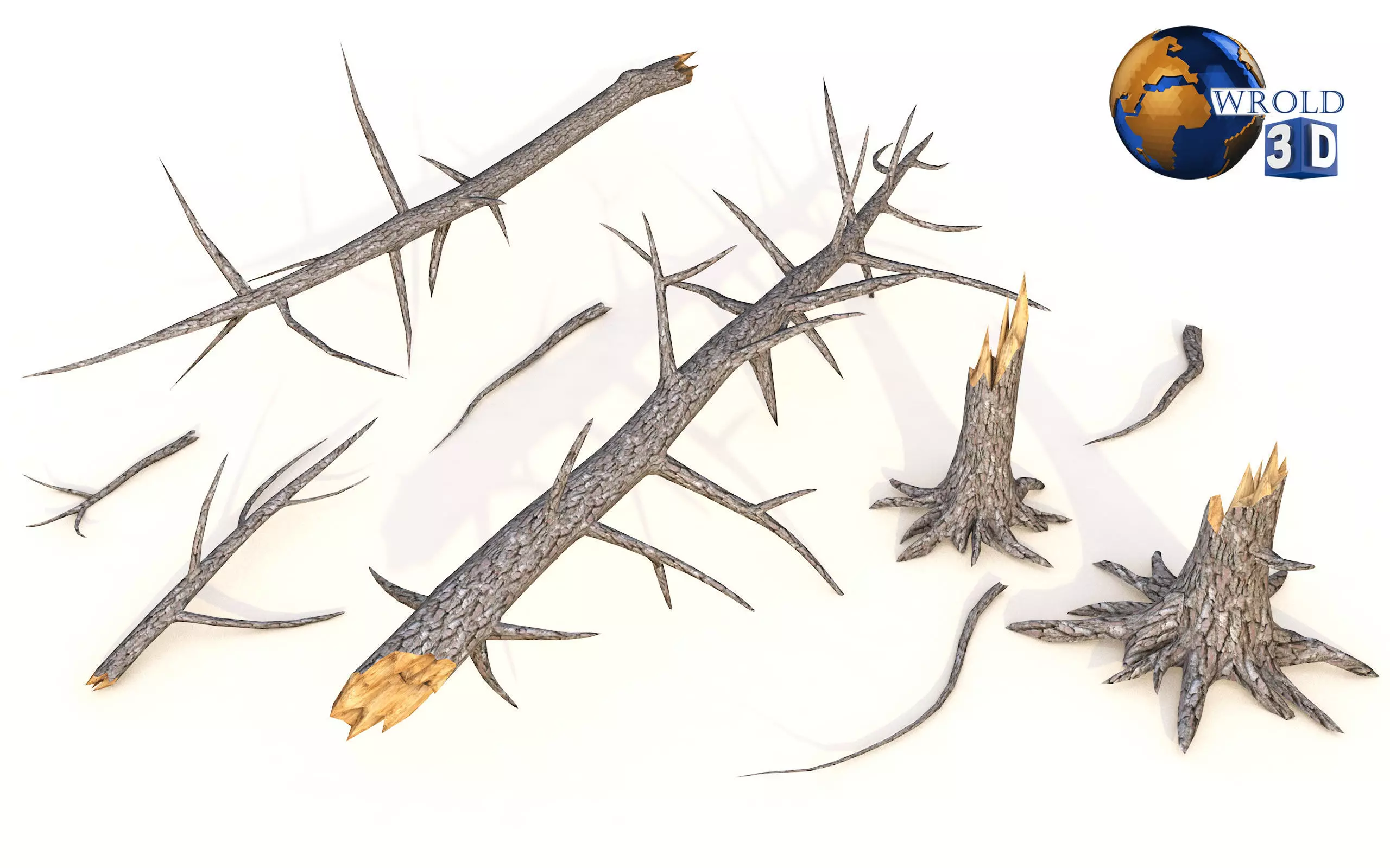 Lowpoly Broken Tree Branches Stump Collection Pack 3d Model Low-poly 3D model_0