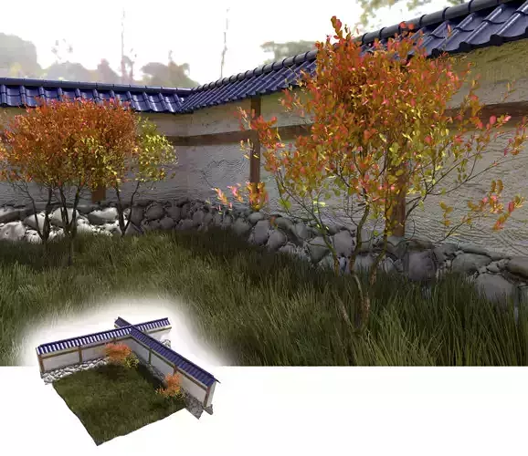 Japanese garden with wall bushes and gras 3D model Low-poly 3D model