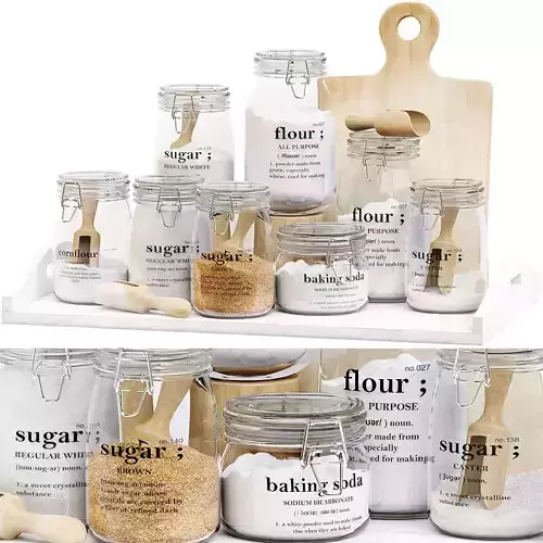 Set of glass jars for the kitchen with sugar and flour