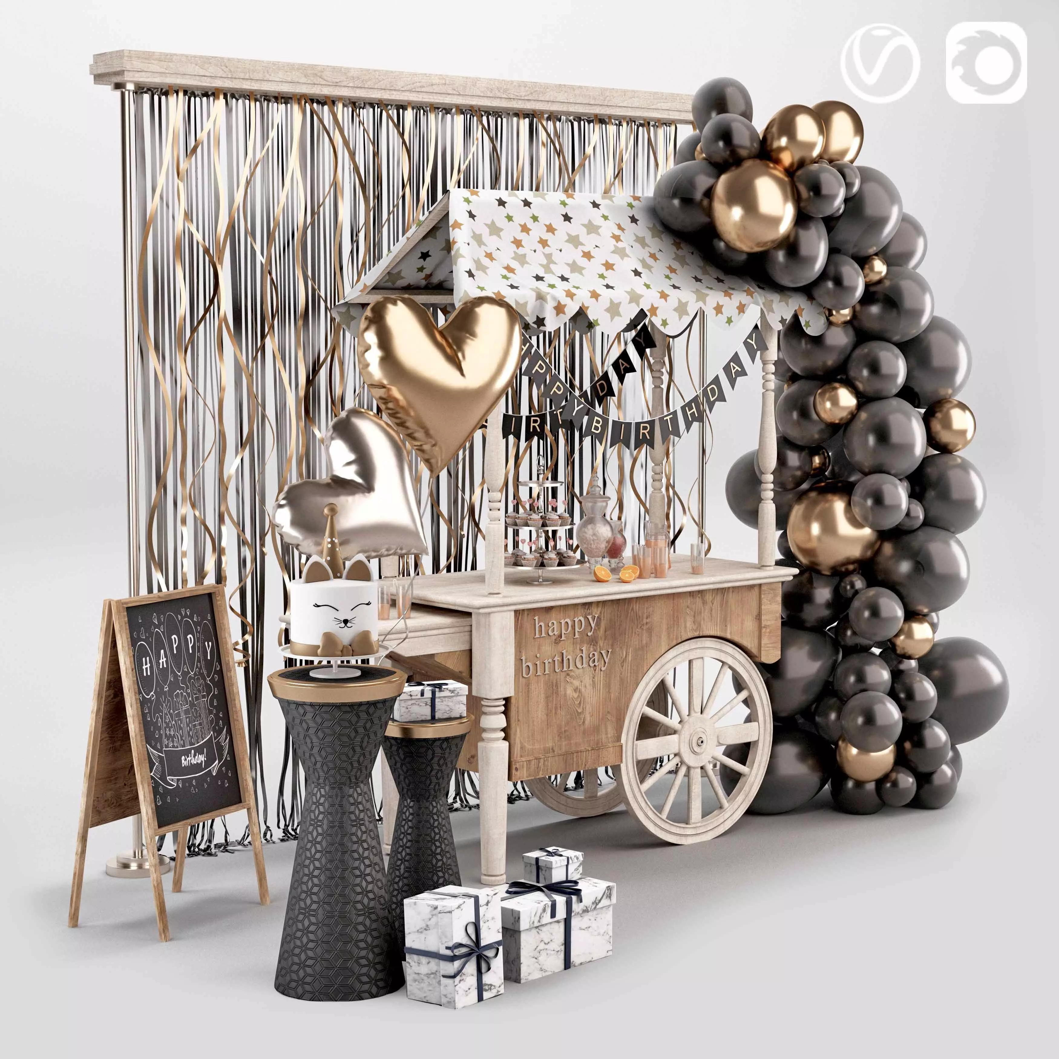 Birthday set Gold 3D model_0