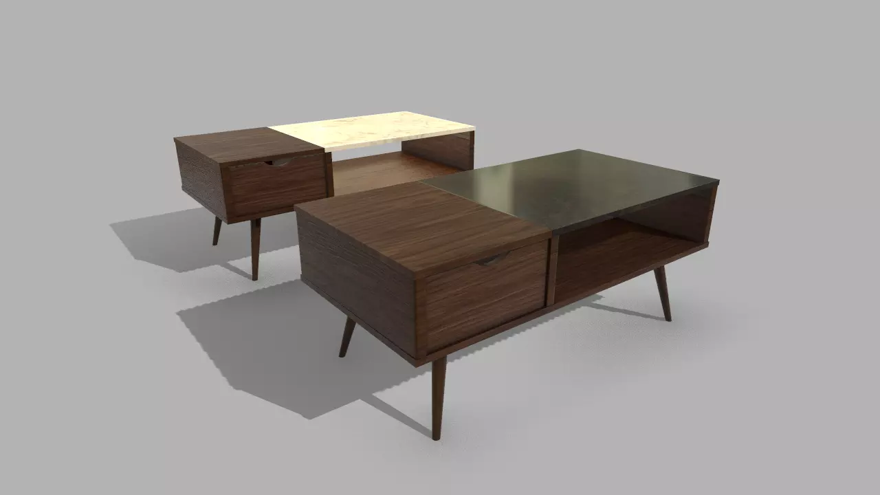 Wooden Marble Table with Drawer Low-poly 3D model_0