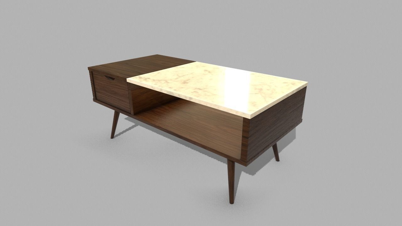 Wooden Marble Table with Drawer Low-poly 3D model_1