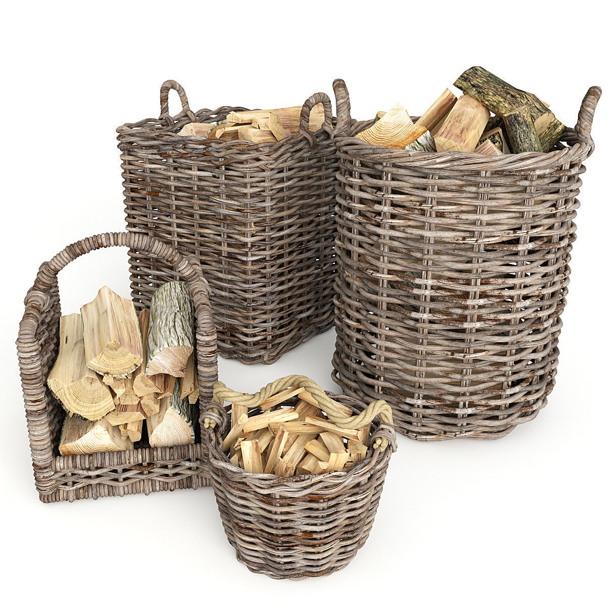 Basket Set wicker firewood baskets 3D model_10