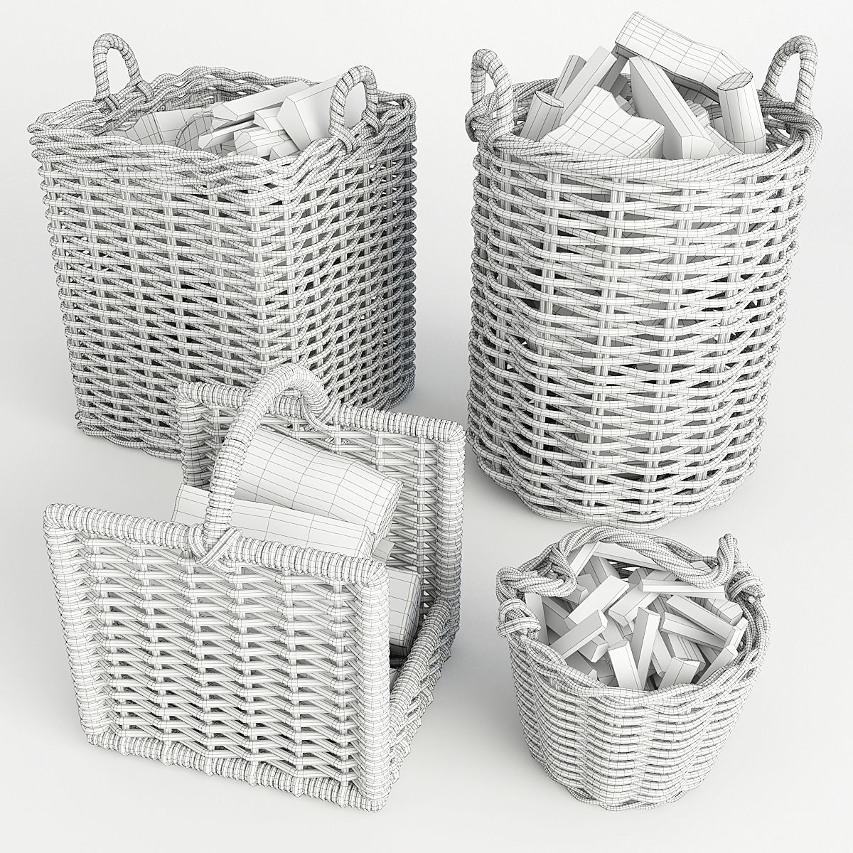 Basket Set wicker firewood baskets 3D model_3