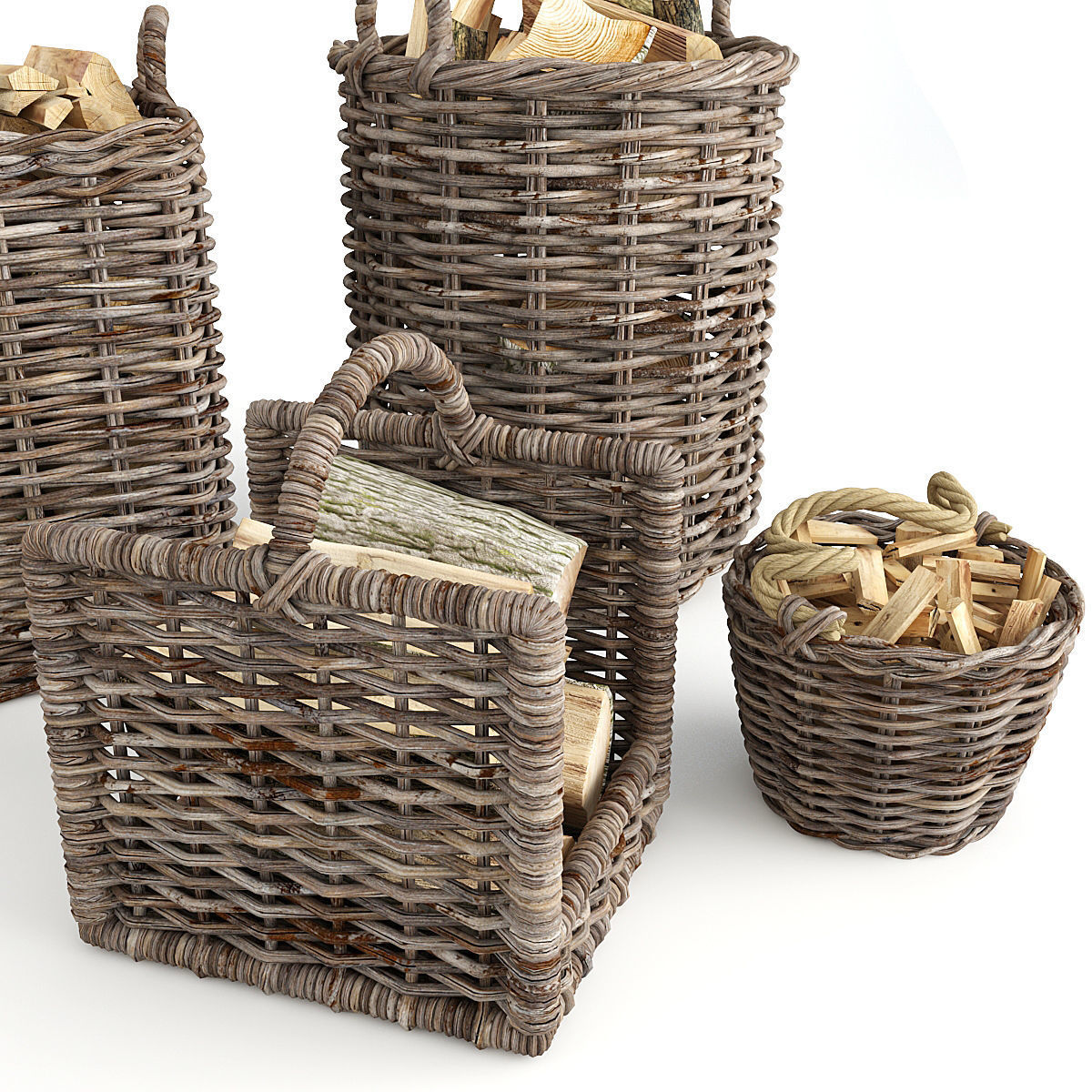 Basket Set wicker firewood baskets 3D model_4