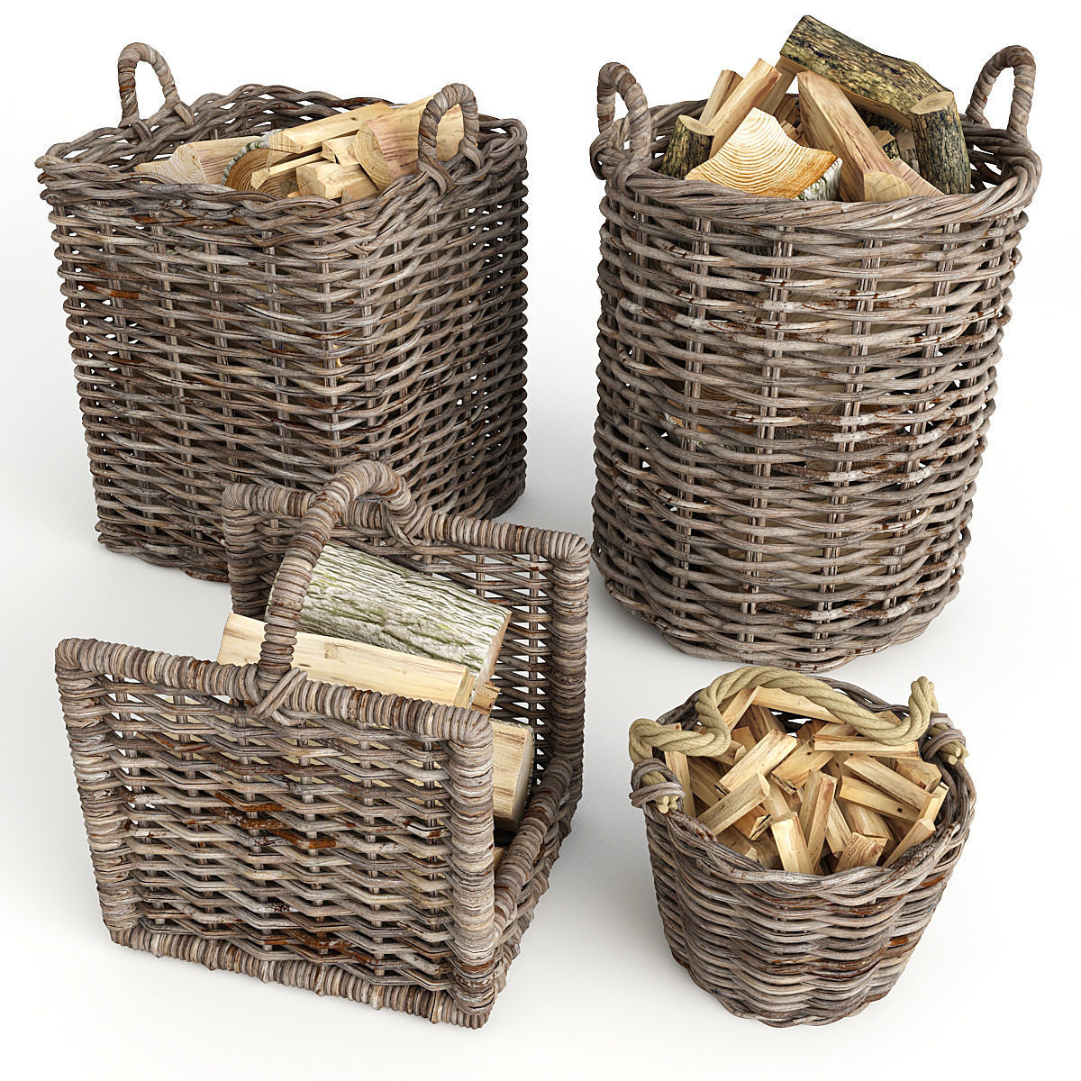 Basket Set wicker firewood baskets 3D model_2