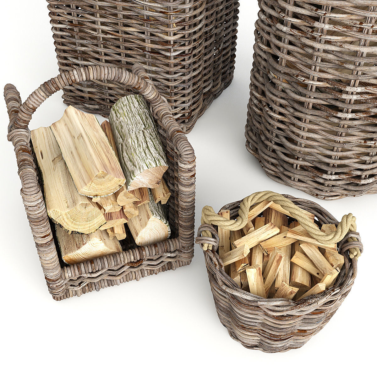 Basket Set wicker firewood baskets 3D model_9