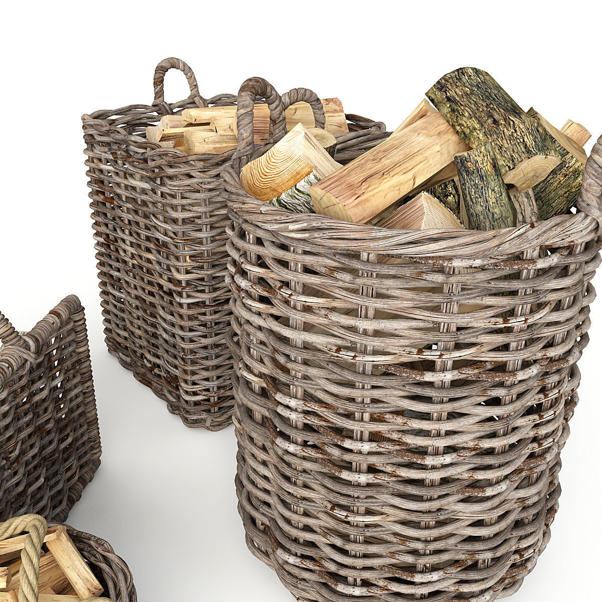 Basket Set wicker firewood baskets 3D model_5
