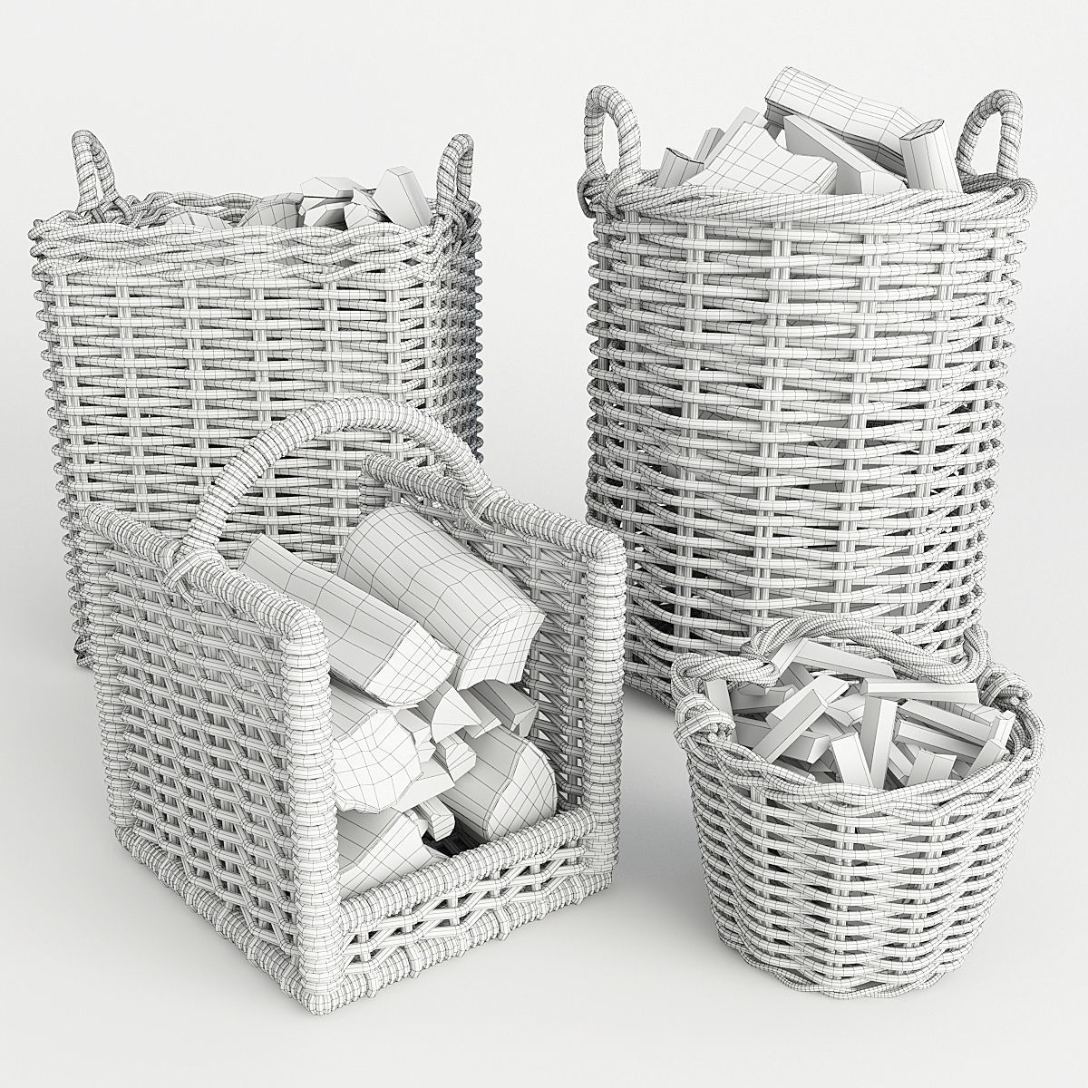 Basket Set wicker firewood baskets 3D model_1