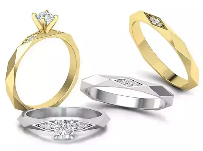 Facet Diamond Rings Wedding Set 3dmodel 3D Model Collection