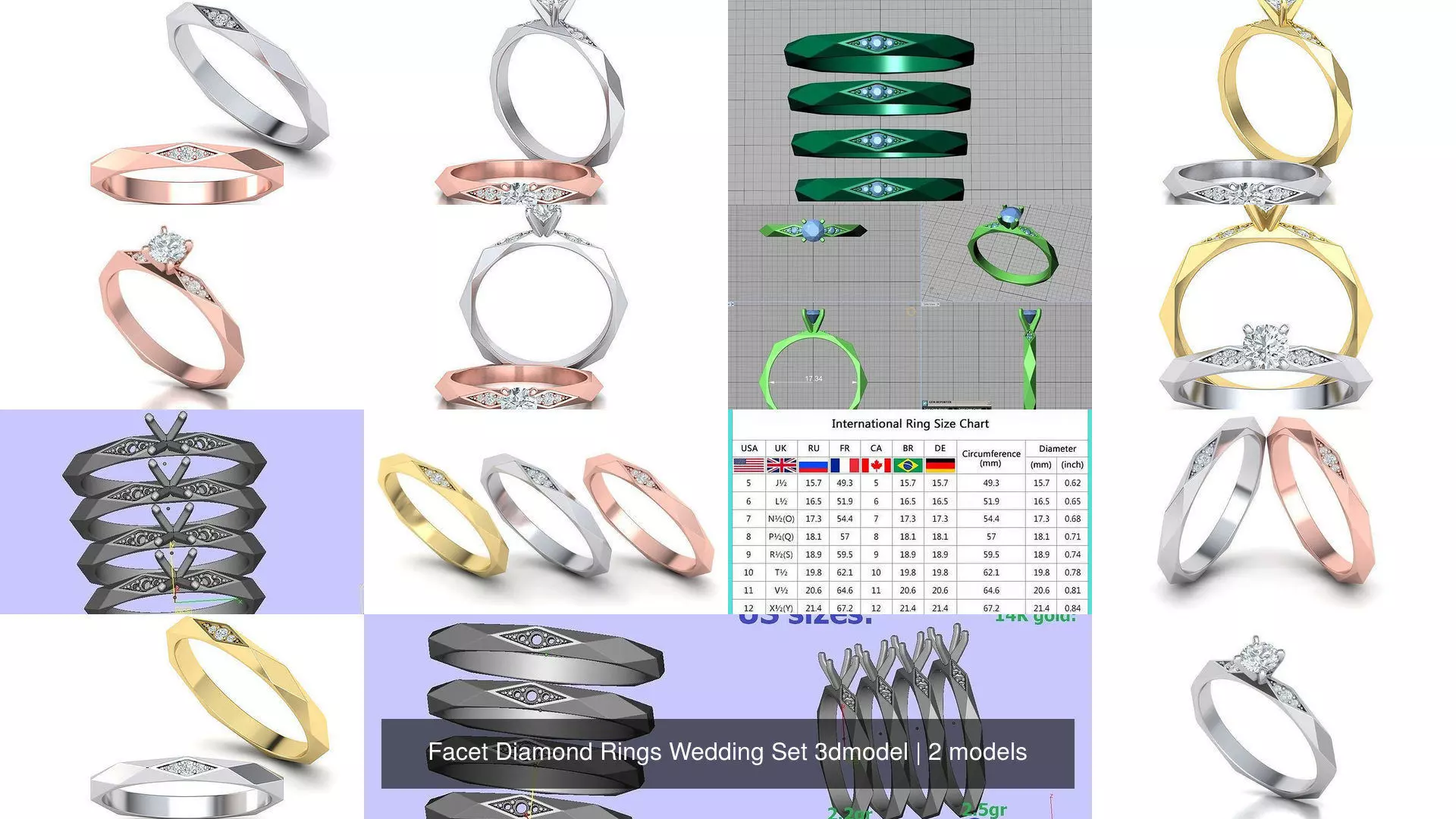 Facet Diamond Rings Wedding Set 3dmodel 3D Model Collection_1