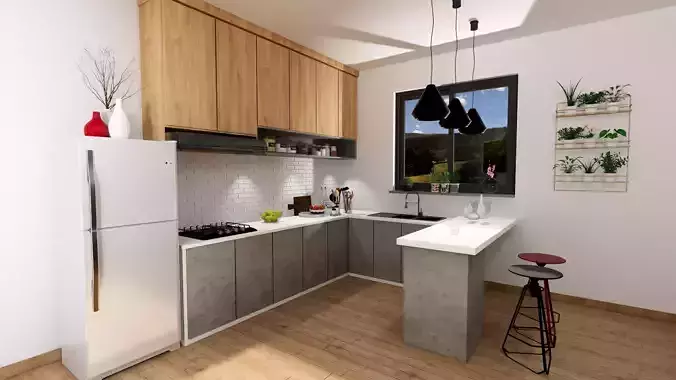 modern design kitchen  concrete and oak wood decor 