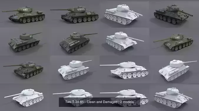 Two T-34-85 - Clean and Damaged 3D Model Collection