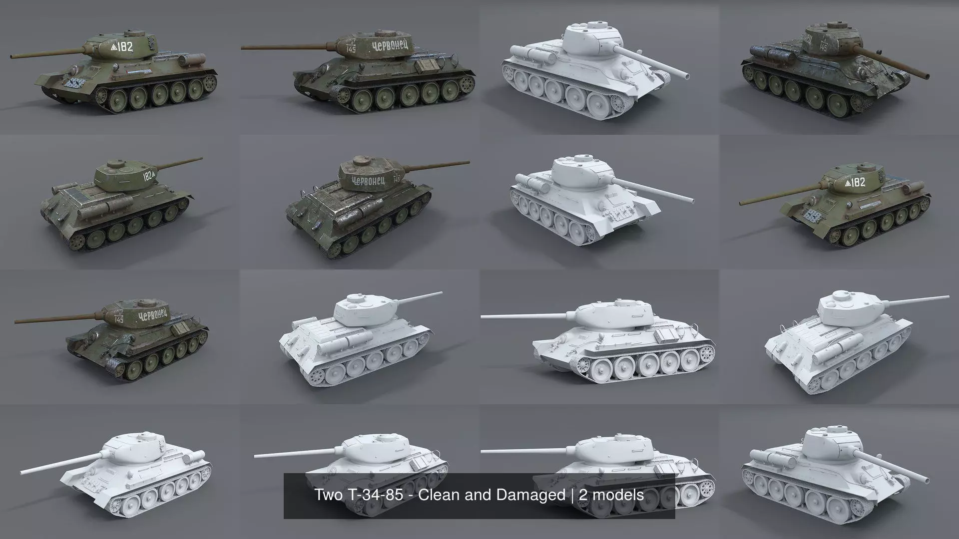 Two T-34-85 - Clean and Damaged 3D Model Collection_0