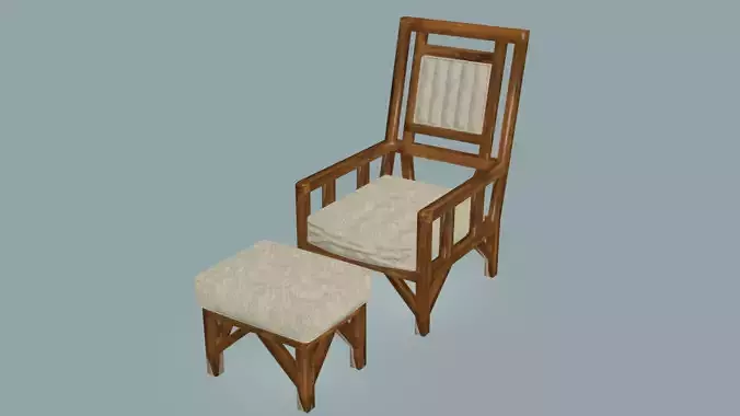 Wooden and cotton armchair with pouf