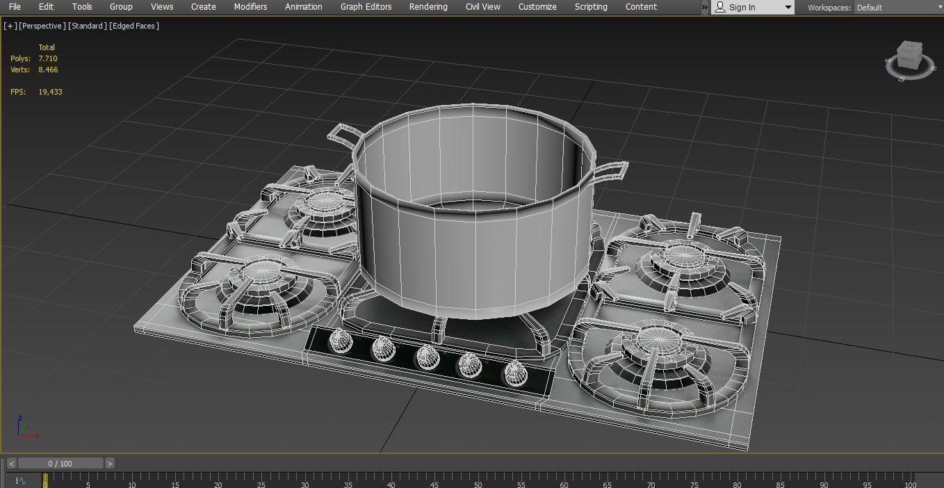 Stove burner gas cooktop with pots and pans Low-poly 3D model_2