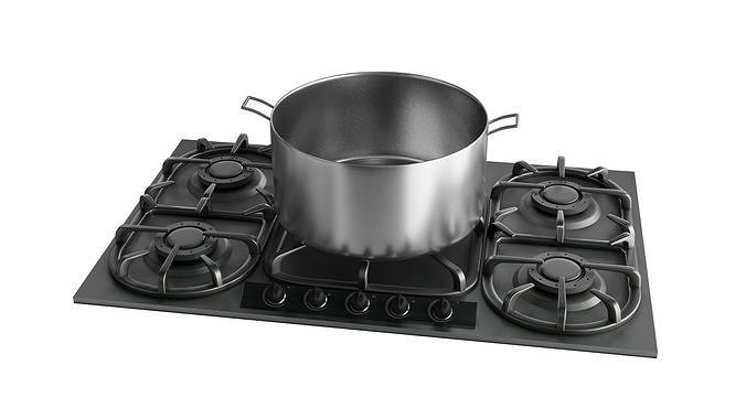 Stove burner gas cooktop with pots and pans Low-poly 3D model