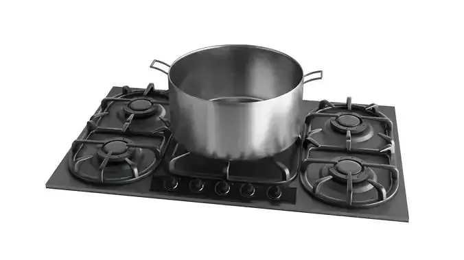 Stove burner gas cooktop with pots and pans Low-poly 3D model