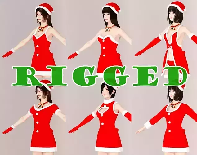  T pose rigged model of 4 girls with 6 Christmas outfit  3D model