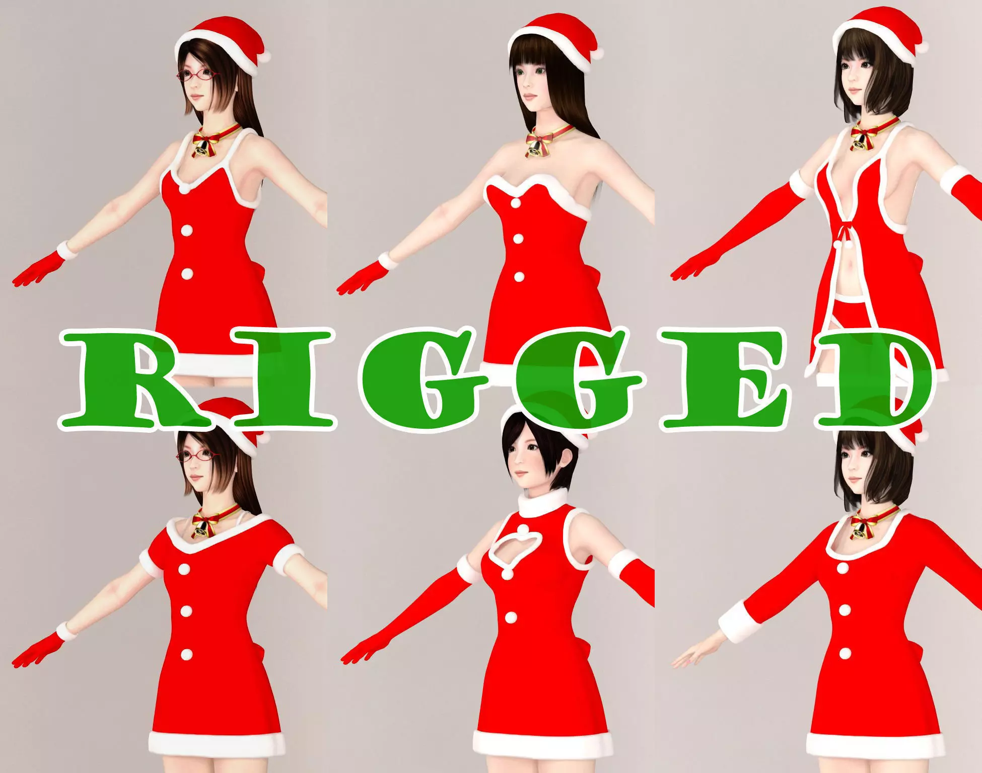 T pose rigged model of 4 girls with 6 Christmas outfit  3D model_0