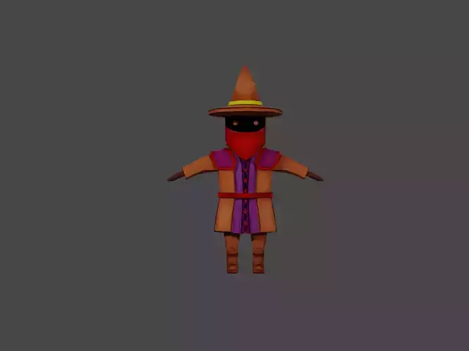 Low poly Mage character wearing hat and scarf