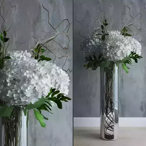 White hydrangeas in tall vase with willow branches 3D model