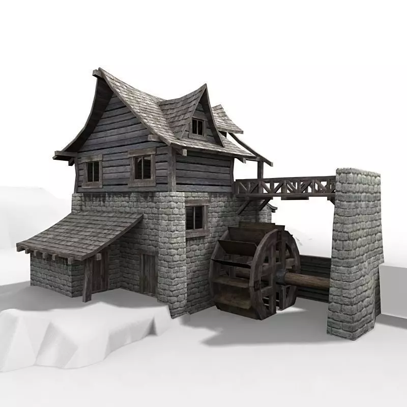 Watermill  exterior interior  Low-poly 3D model_0
