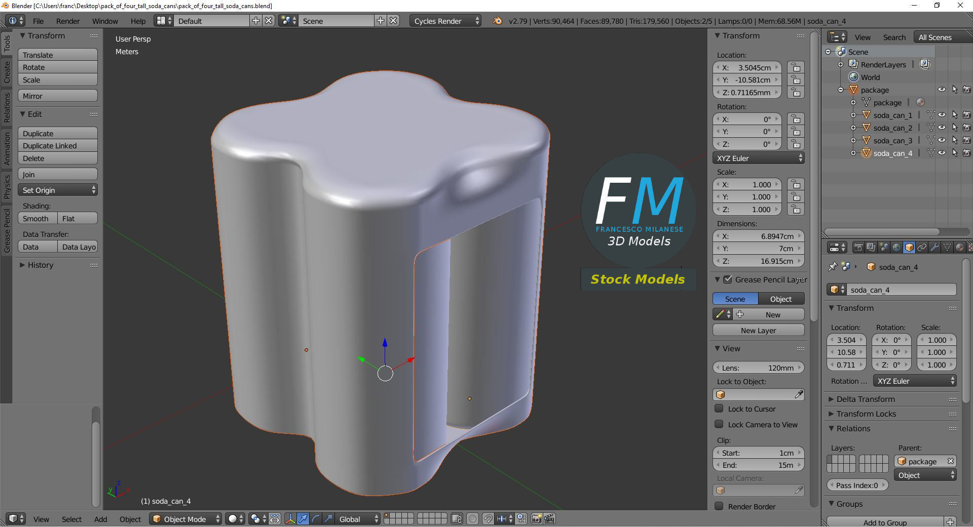 Pack of four tall soda cans 3D model_9