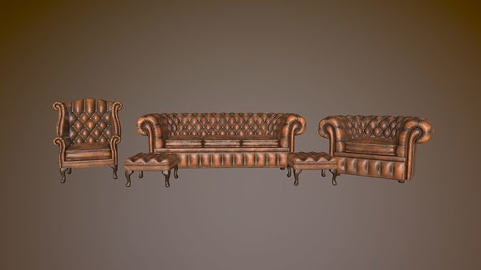 Chair Chesterfield Leather 4 Piece Suite Low-poly 3D model 4