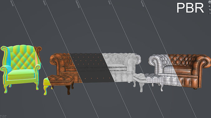 Chair Chesterfield Leather 4 Piece Suite Low-poly 3D model 2