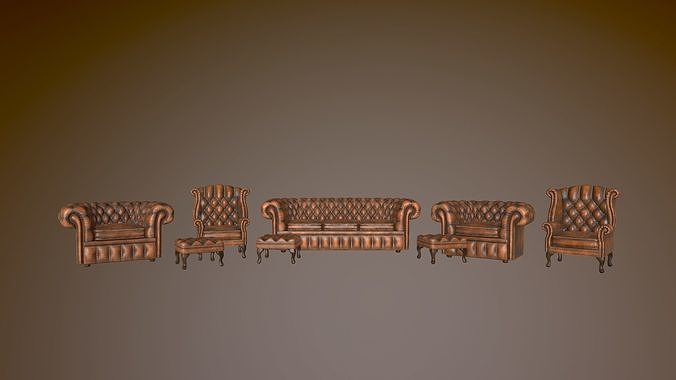 Chair Chesterfield Leather 4 Piece Suite Low-poly 3D model 5
