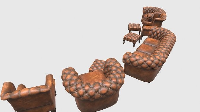 Chair Chesterfield Leather 4 Piece Suite Low-poly 3D model 6
