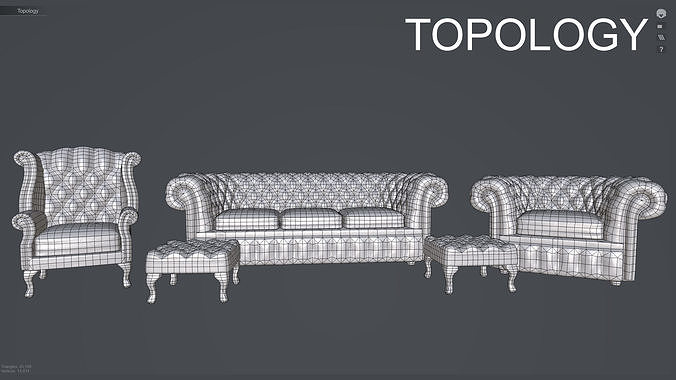 Chair Chesterfield Leather 4 Piece Suite Low-poly 3D model 3