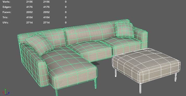 Sectional Fabric Sofa Cushion Couch with Single Seat Low-poly 3D model_6