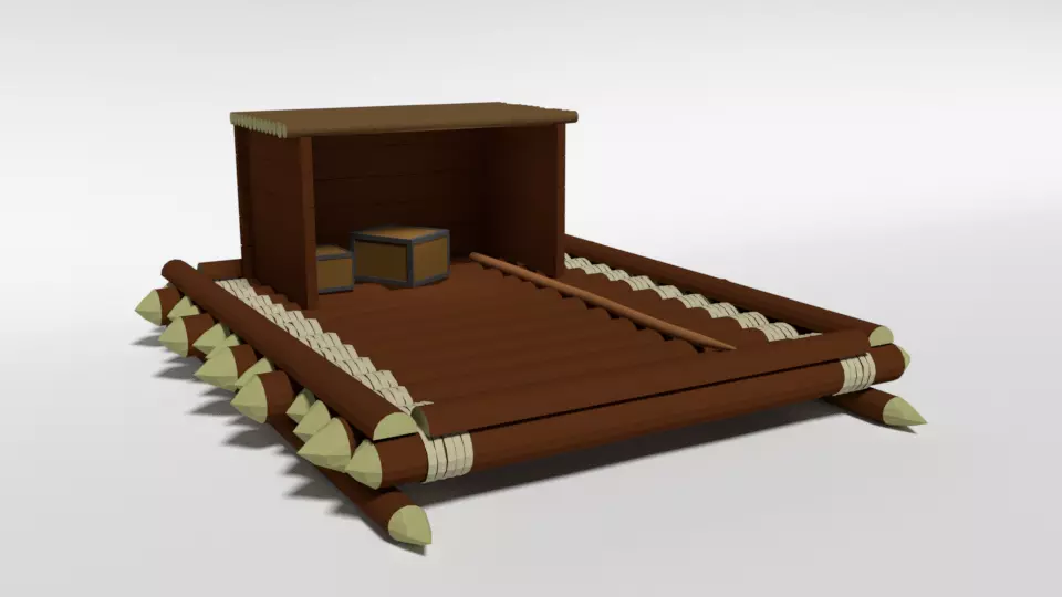 Low Poly Cartoon Wooden Raft Low-poly 3D model_0