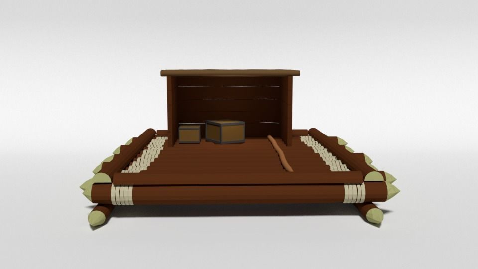 Low Poly Cartoon Wooden Raft Low-poly 3D model_1