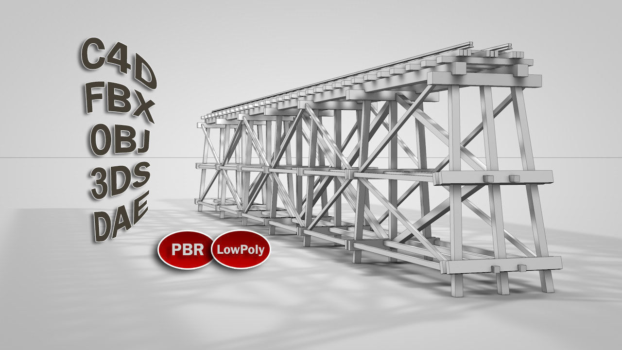Old Wooden Railway Bridge Low-poly 3D model_1