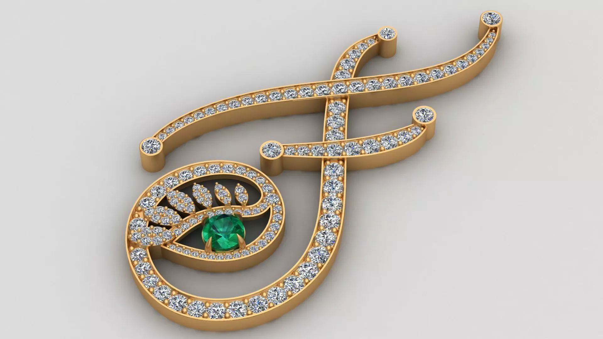 Tabayer F Letter Diamond Emerald Gold Pendant 3D print model