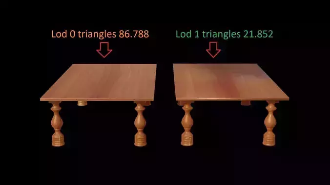 Wood table 3D model 2 lods complete textures and materials