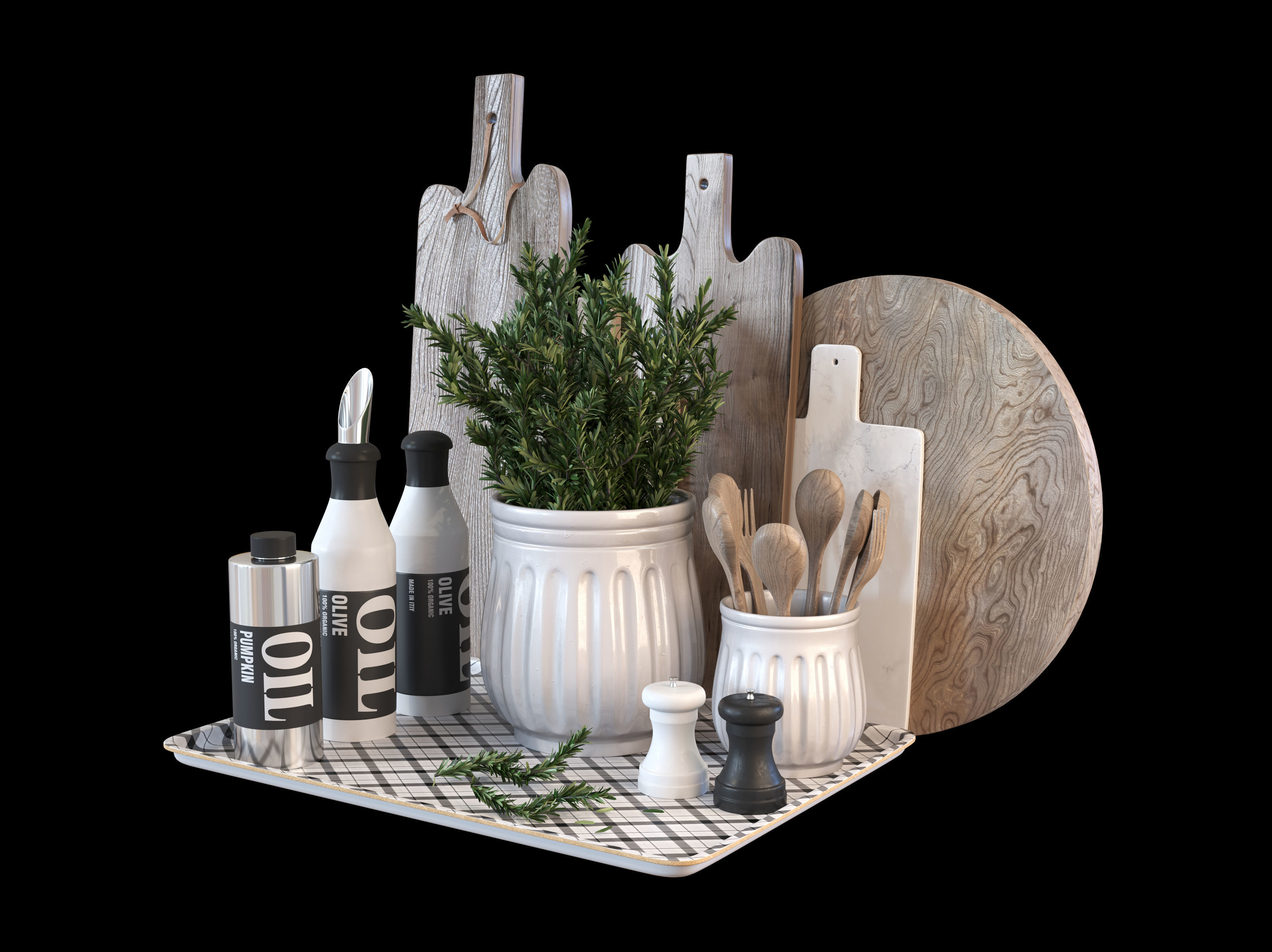 Kitchen decoration set with rosemary and cutting boards