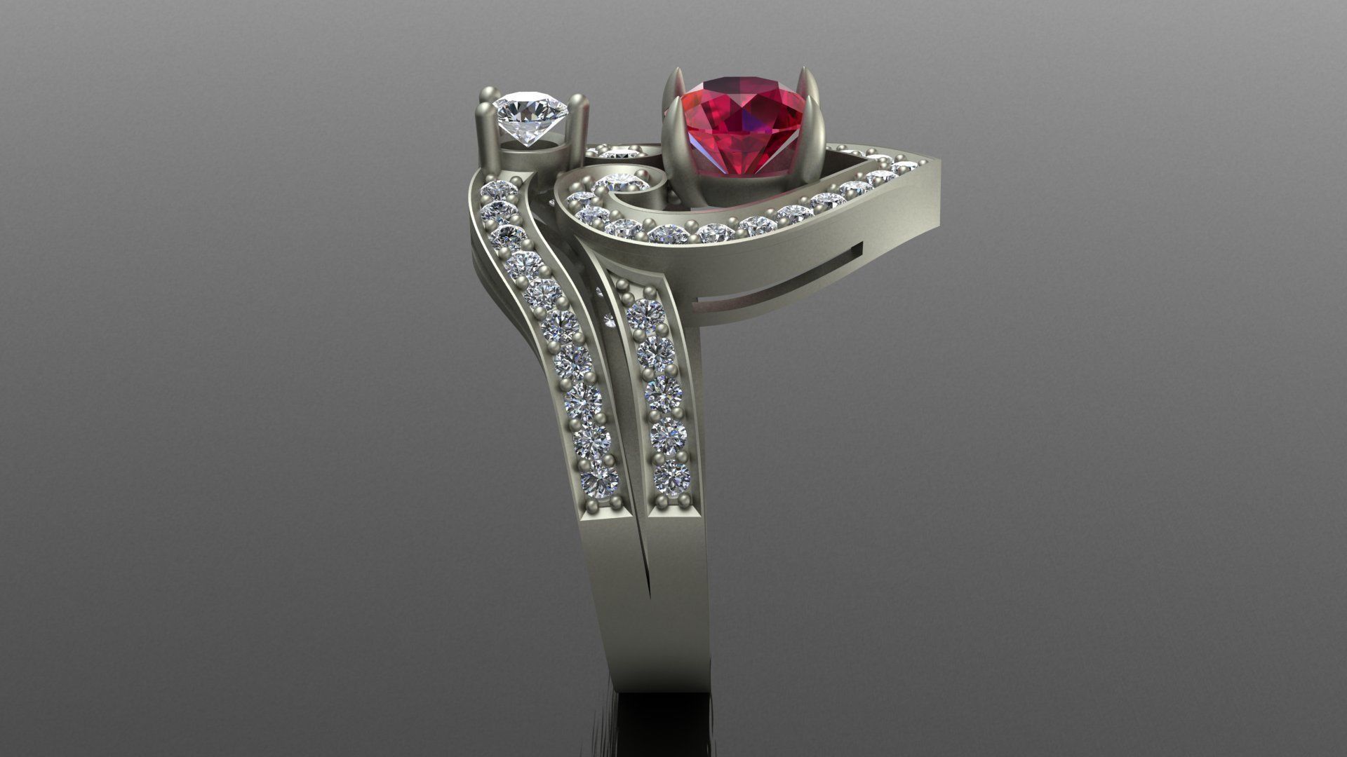 Regal Cascade Diamond Ruby Gold Ring  3D print model_10