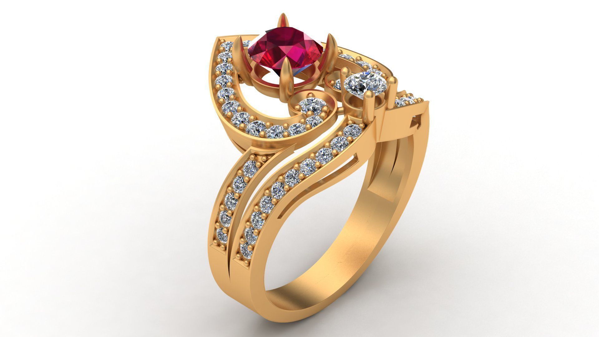 Regal Cascade Diamond Ruby Gold Ring  3D print model_12
