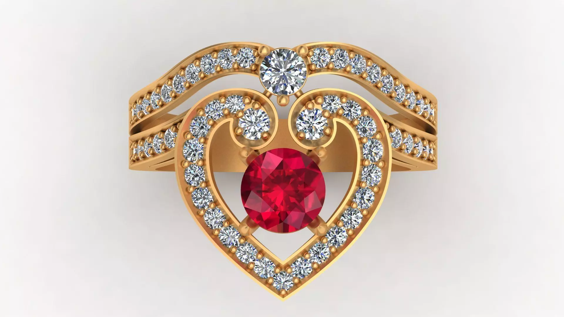 Regal Cascade Diamond Ruby Gold Ring  3D print model_0