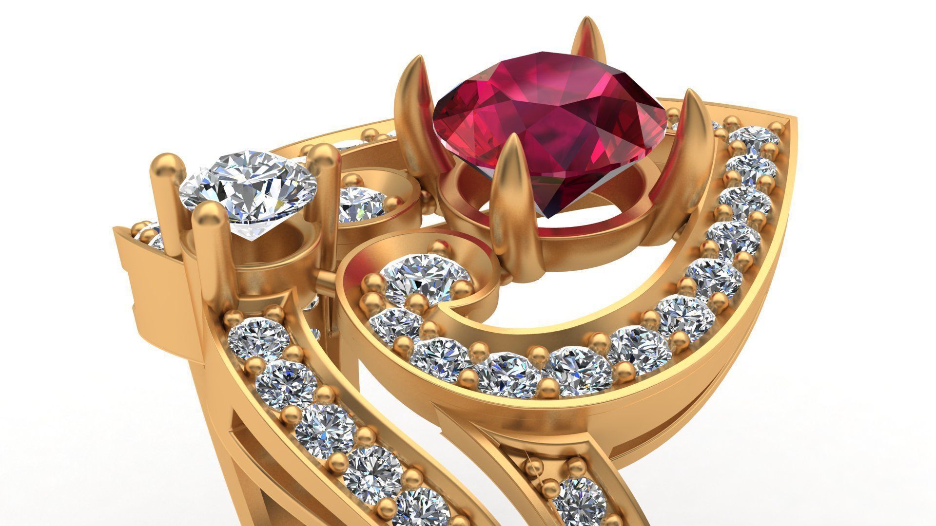 Regal Cascade Diamond Ruby Gold Ring  3D print model_3
