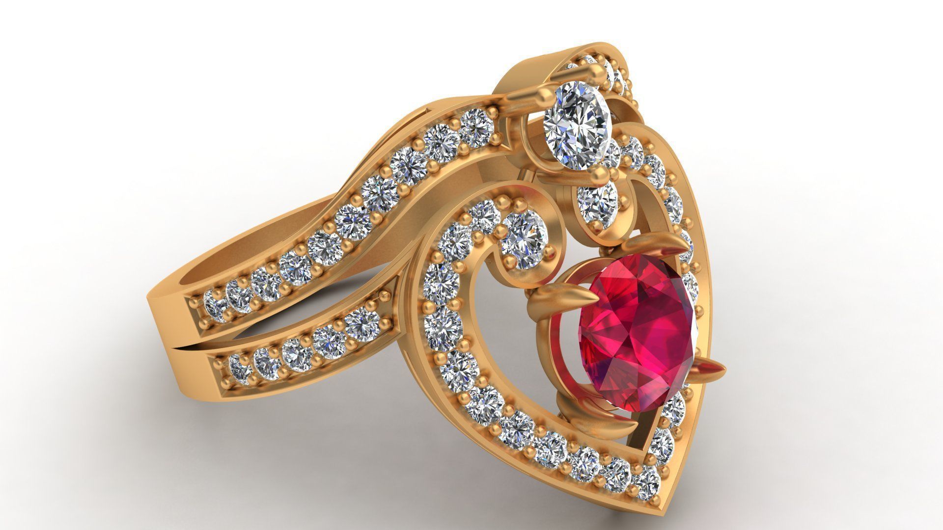 Regal Cascade Diamond Ruby Gold Ring  3D print model_9