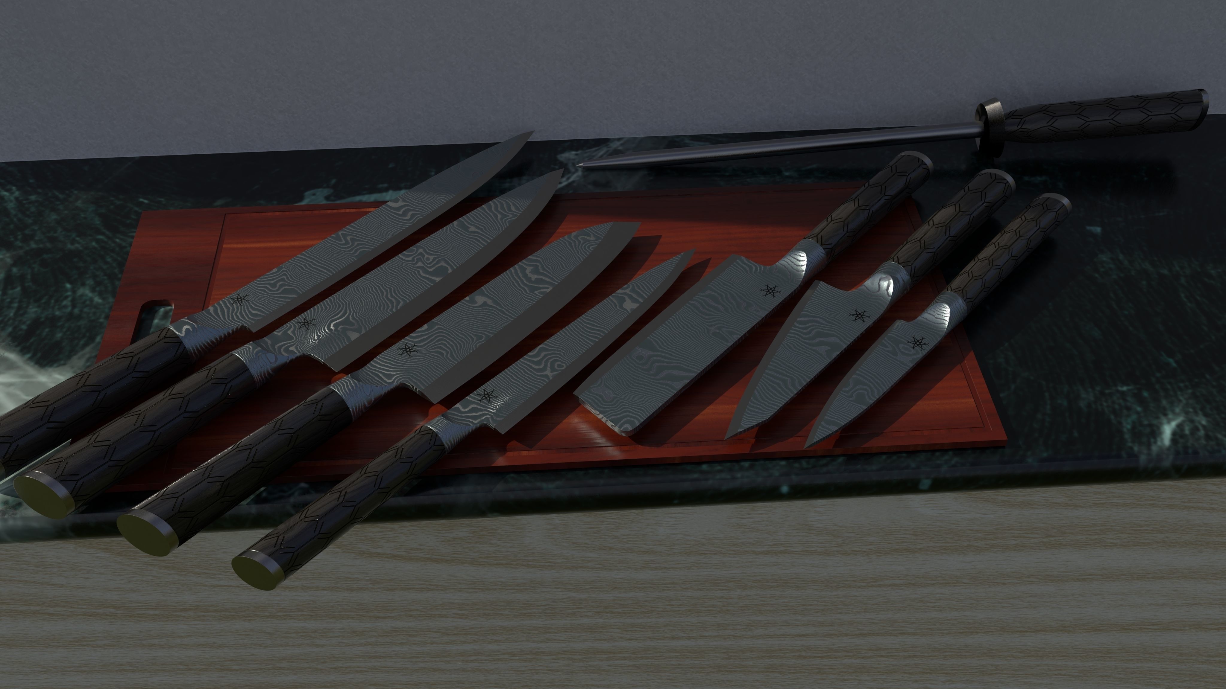 Damascus Steel Kitchen Knife Set 3D model