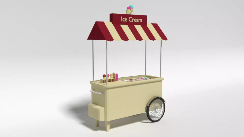 Low Poly Cartoon Ice Cream Cart Low-poly 3D model_0