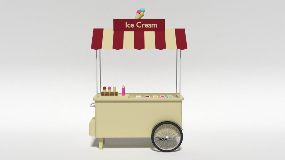 Low Poly Cartoon Ice Cream Cart Low-poly 3D model_1