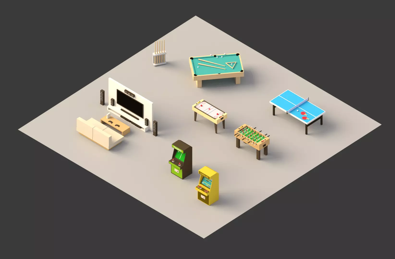Low poly Games room set Low-poly 3D model_0
